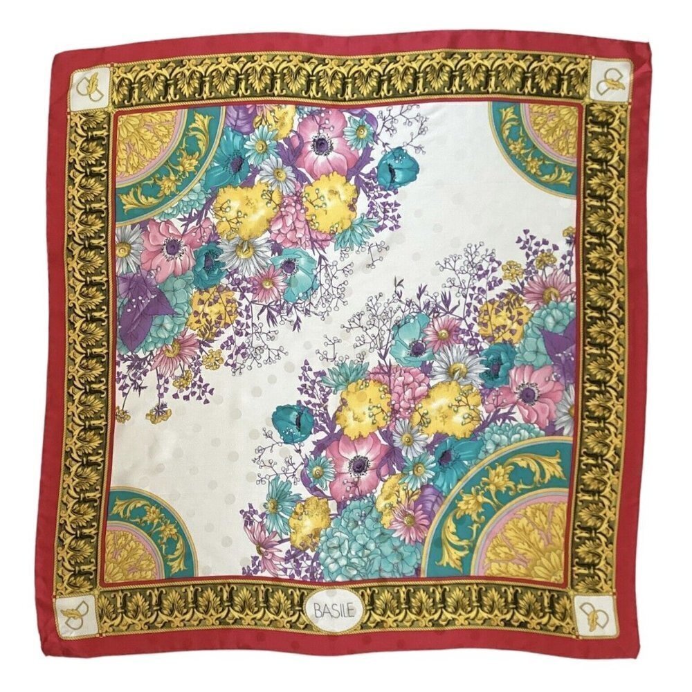 BASILE Multicolor Floral Baroque Frame Print Silk Scarf 35" -34" SQR EX COND